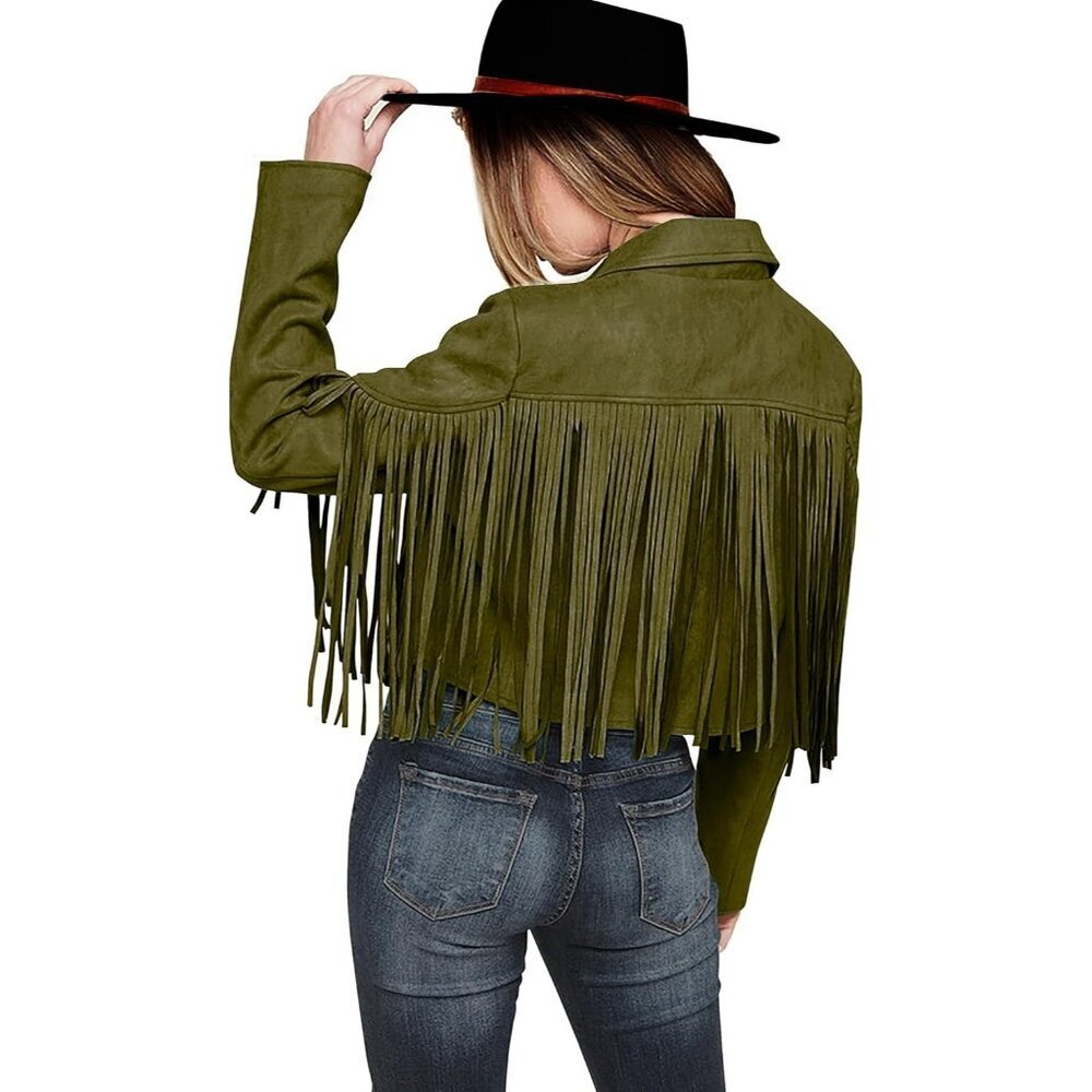 Women's Army Green Fringe Suede Leather Jackets Fall Fashion Tassel Motorcycle